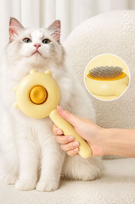 Otomatik basmalı kedi ve köpek tarağı, tek tuşla temizlenen kulaklı model tüy toplama tarağı, metal uçlu ergonomik saplı evcil hayvan bakım tarağı