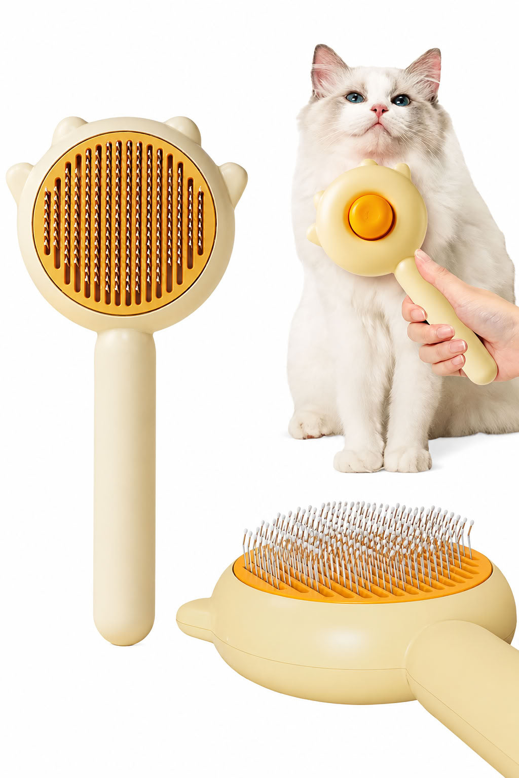 Otomatik basmalı kedi ve köpek tarağı, tek tuşla temizlenen kulaklı model tüy toplama tarağı, metal uçlu ergonomik saplı evcil hayvan bakım tarağı