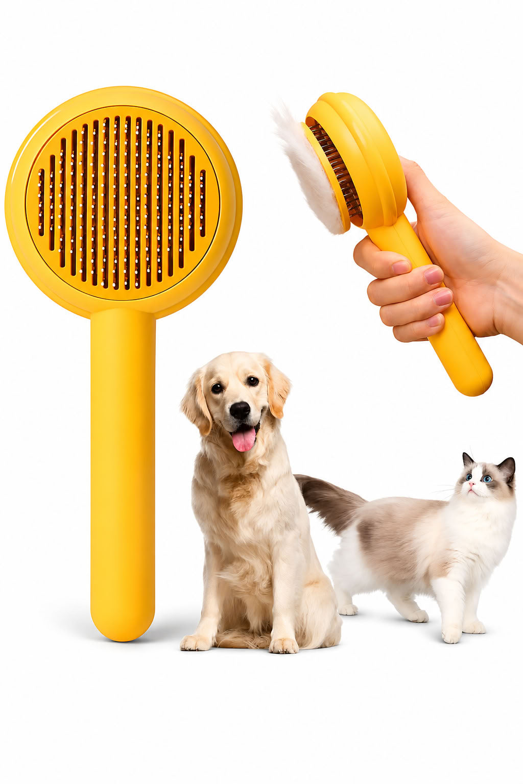 Otomatik basmalı kedi ve köpek tarağı, tek tuşla temizlenen tüy toplama tarağı, yuvarlatılmış metal uçlu, ergonomik saplı evcil hayvan bakım tarağı