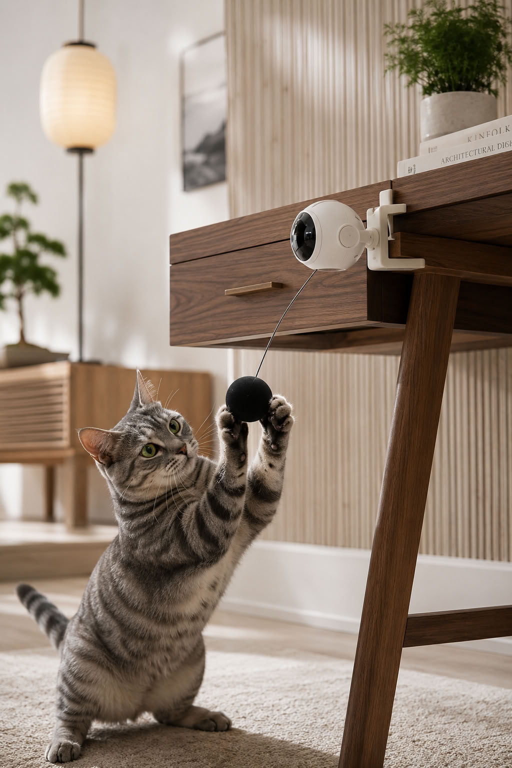 Otomatik geri çekilen pilli interaktif kedi oyuncağı, masa kenarına sabitlenen hareketli toplu akıllı sensörlü kedi oyuncağı
