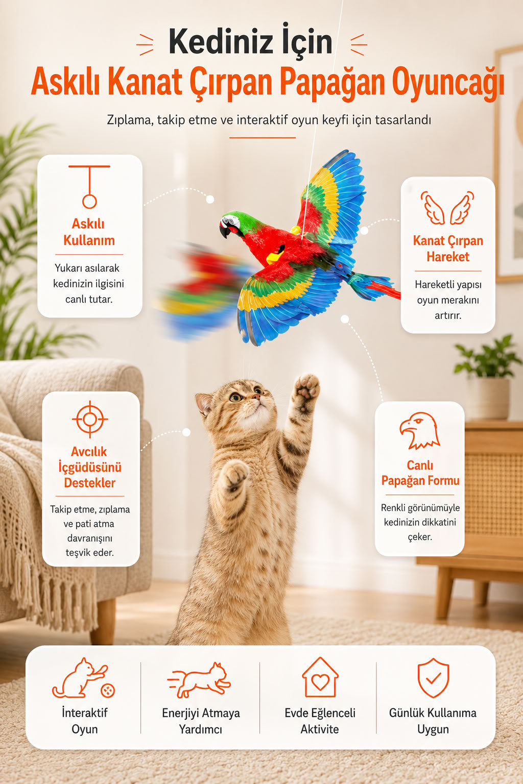 Otomatik uçan papağan kedi oyuncağı, hareketli kanat çırpan askılı interaktif avcılık oyunu