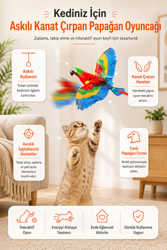 Otomatik uçan papağan kedi oyuncağı, hareketli kanat çırpan askılı interaktif avcılık oyunu