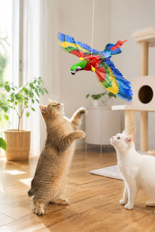 Otomatik uçan papağan kedi oyuncağı, hareketli kanat çırpan askılı interaktif avcılık oyunu