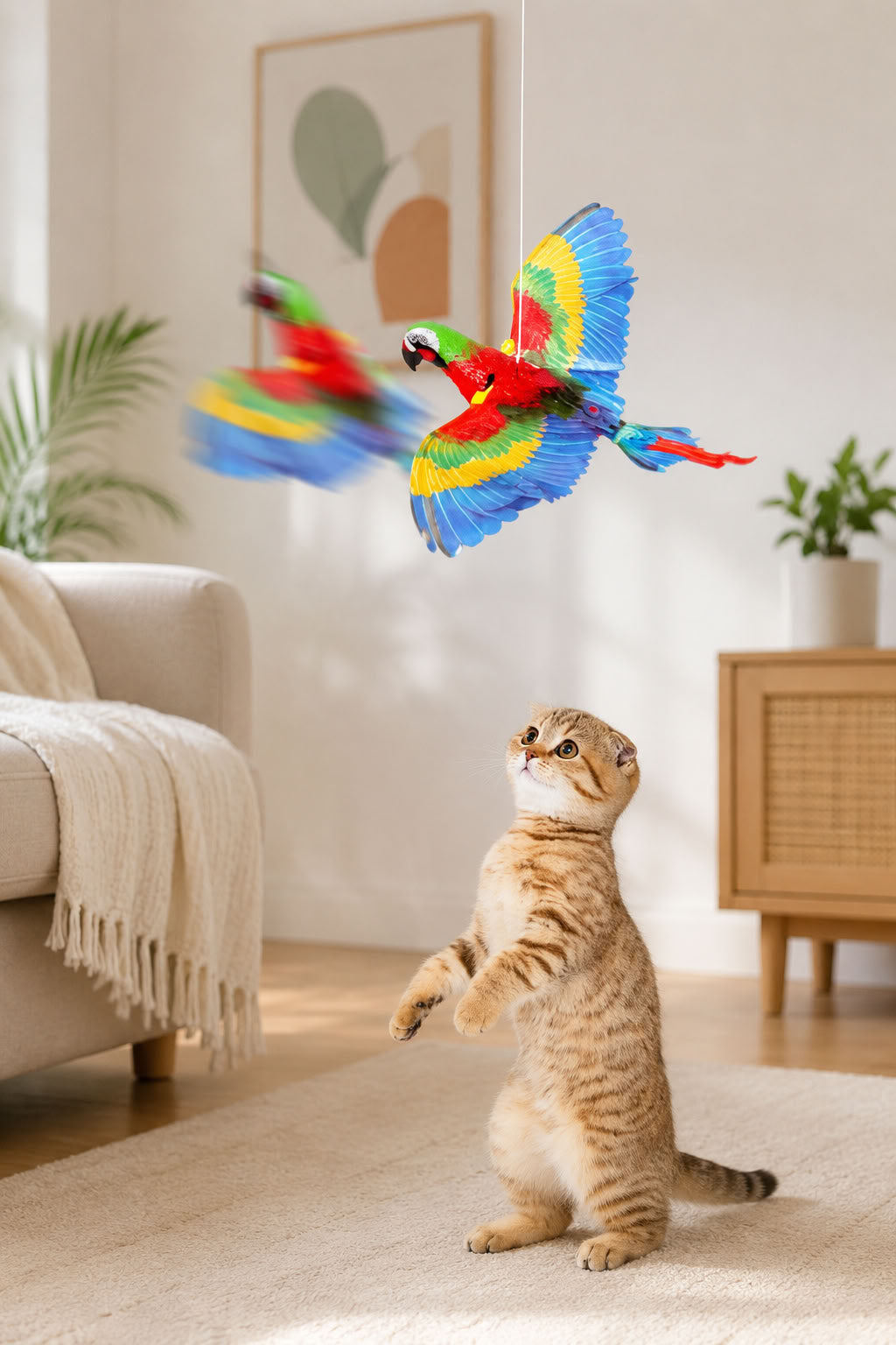 Otomatik uçan papağan kedi oyuncağı, hareketli kanat çırpan askılı interaktif avcılık oyunu