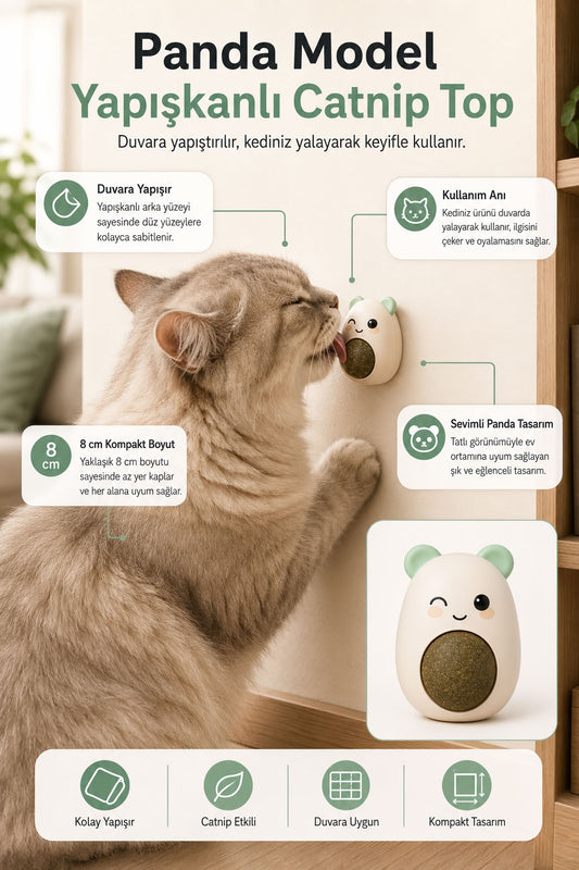 Panda model yapışkanlı catnip top 8 cm, duvara yapışan kedi nanesi topu ve kediler için yalama oyuncağı
