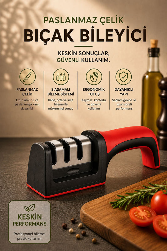 Paslanmaz çelik bıçak bileyici 3 aşamalı bileme sistemli, ergonomik saplı mutfak bıçak bileme aparatı