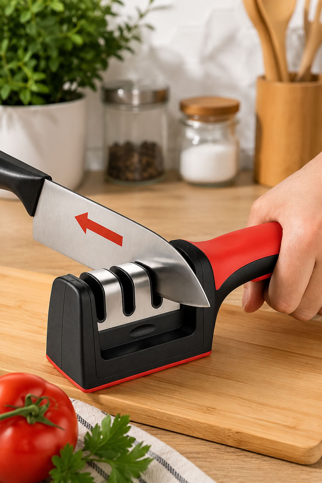 Paslanmaz çelik bıçak bileyici 3 aşamalı bileme sistemli, ergonomik saplı mutfak bıçak bileme aparatı
