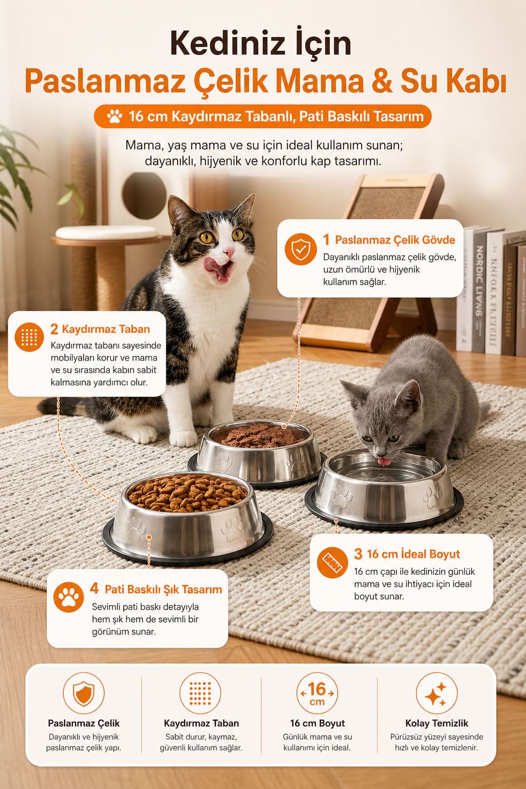 16 cm paslanmaz çelik kedi mama ve su kabı, kaydırmaz tabanlı, pati baskılı, kuru mama, yaş mama ve su kullanımı için hijyenik kedi kabı