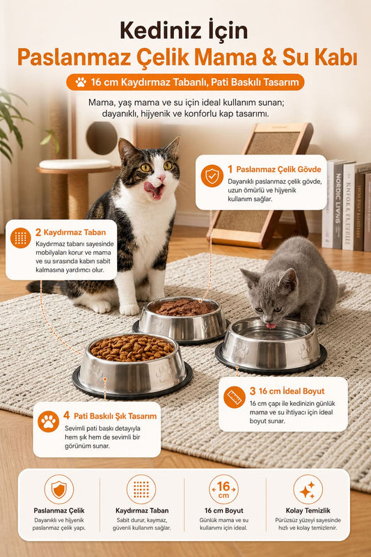 16 cm paslanmaz çelik kedi mama ve su kabı, kaydırmaz tabanlı, pati baskılı, kuru mama, yaş mama ve su kullanımı için hijyenik kedi kabı