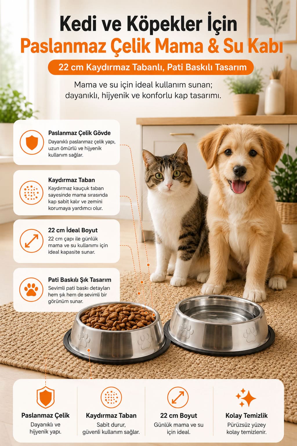 22 cm paslanmaz çelik kedi ve köpek mama su kabı, kaydırmaz tabanlı, pati baskılı, kuru mama, yaş mama ve su kullanımı için hijyenik mama kabı