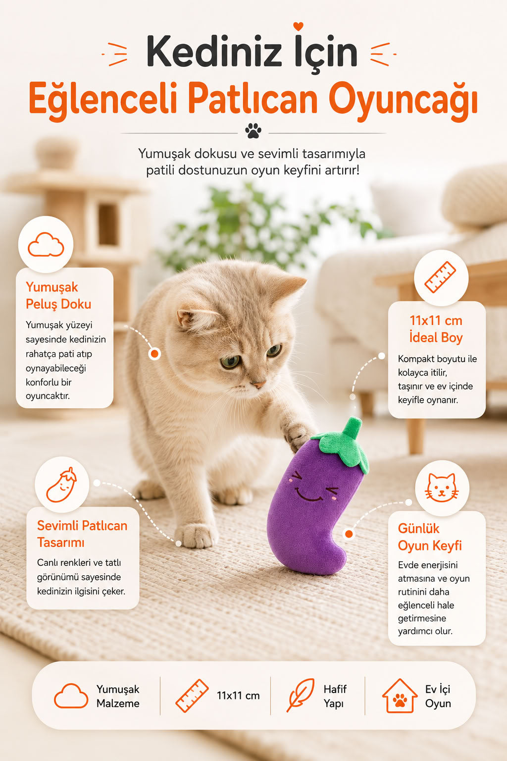 Patlıcan model sesli peluş evcil hayvan oyuncağı, kedi ve köpek için yumuşak pelüş oyuncak, 11x11 cm ses çıkaran oyuncak