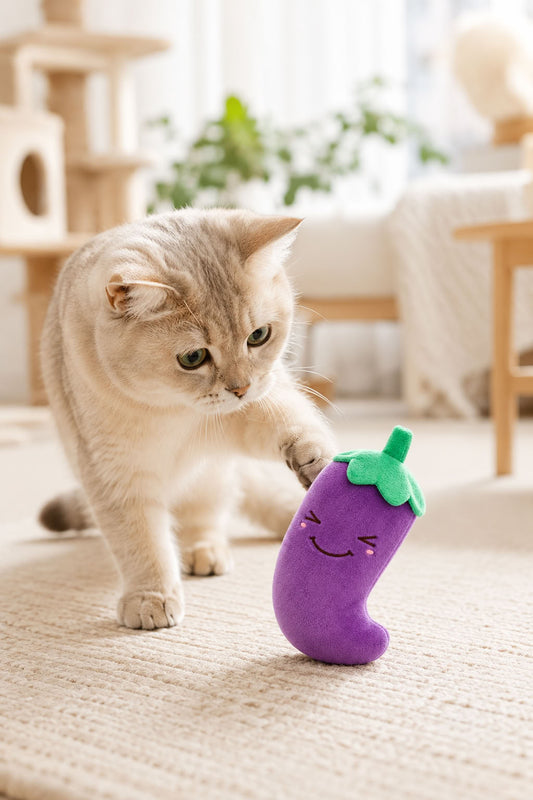 Patlıcan model sesli peluş evcil hayvan oyuncağı, kedi ve köpek için yumuşak pelüş oyuncak, 11x11 cm ses çıkaran oyuncak