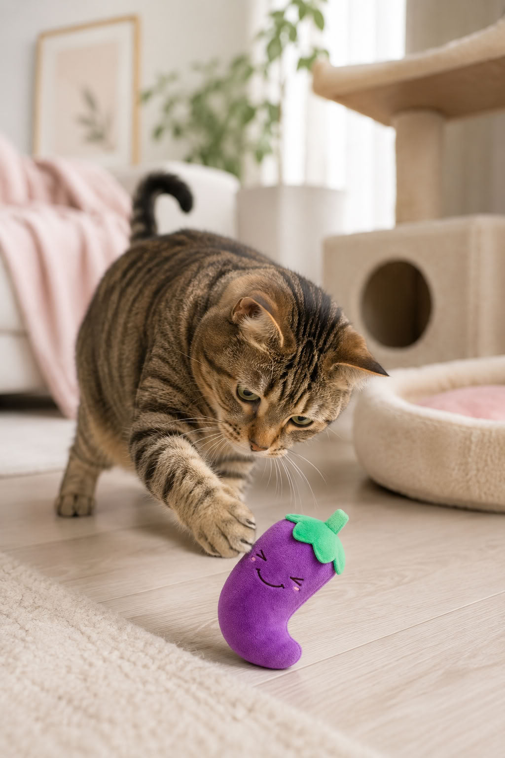 Patlıcan model sesli peluş evcil hayvan oyuncağı, kedi ve köpek için yumuşak pelüş oyuncak, 11x11 cm ses çıkaran oyuncak