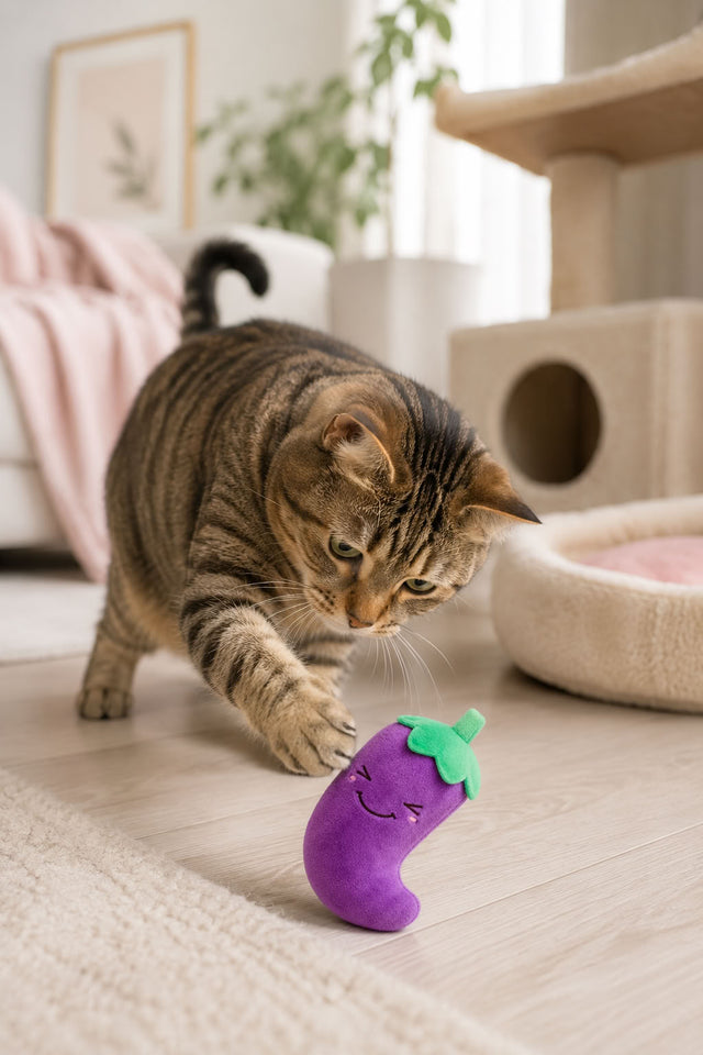 Patlıcan model sesli peluş evcil hayvan oyuncağı, kedi ve köpek için yumuşak pelüş oyuncak, 11x11 cm ses çıkaran oyuncak