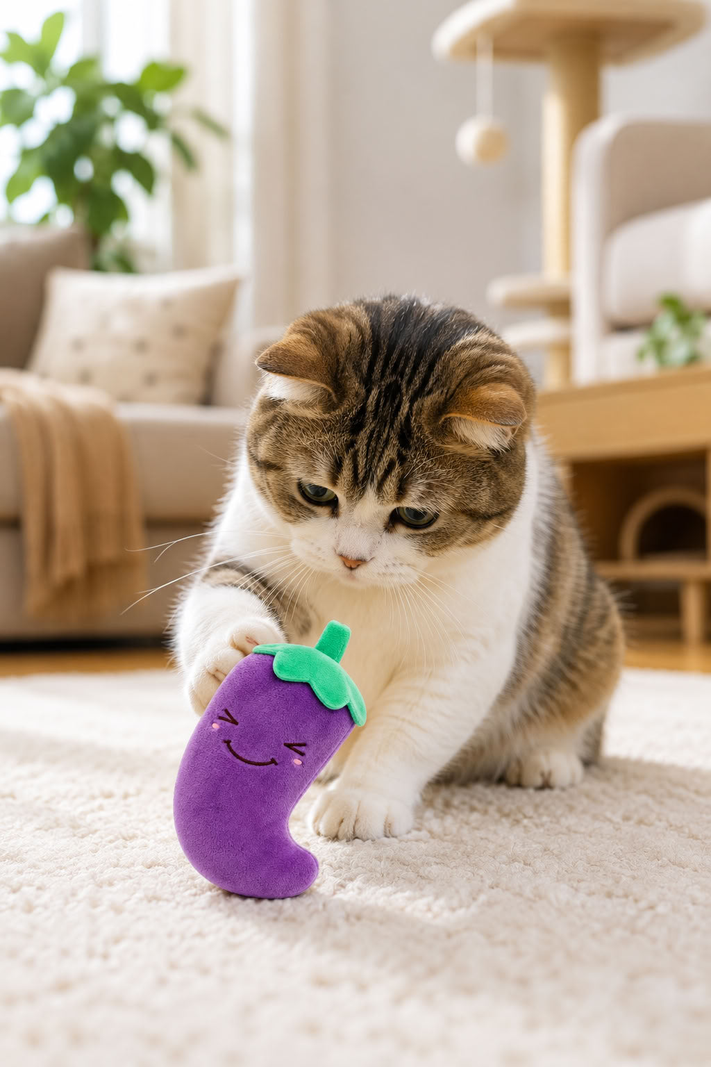 Patlıcan model sesli peluş evcil hayvan oyuncağı, kedi ve köpek için yumuşak pelüş oyuncak, 11x11 cm ses çıkaran oyuncak