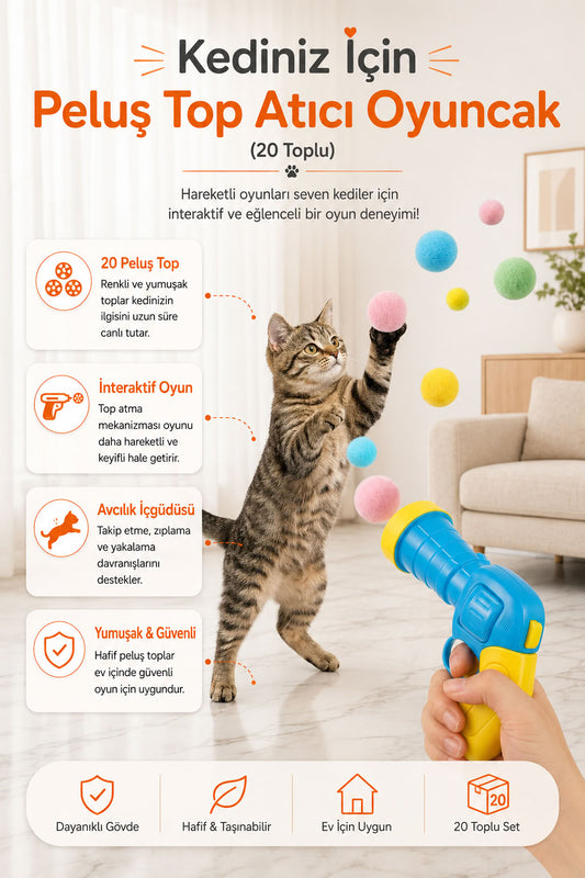 Peluş top atıcı interaktif kedi oyuncağı, 20 adet yumuşak renkli peluş top setli, kedilerin takip, yakalama ve pati atma oyunlarını destekleyen ev içi oyuncak