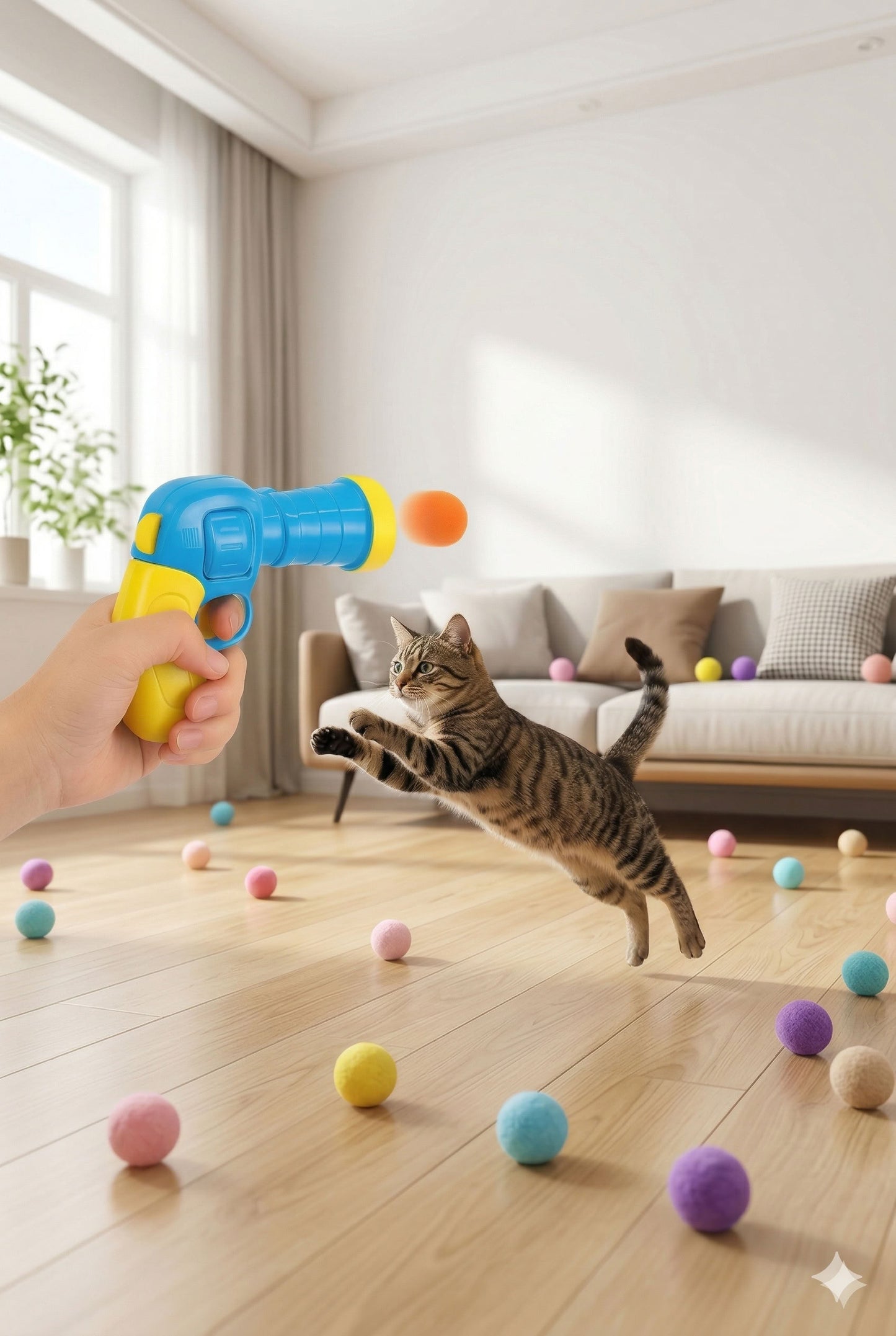 Peluş top atıcı interaktif kedi oyuncağı, 20 adet yumuşak renkli peluş top setli, kedilerin takip, yakalama ve pati atma oyunlarını destekleyen ev içi oyuncak