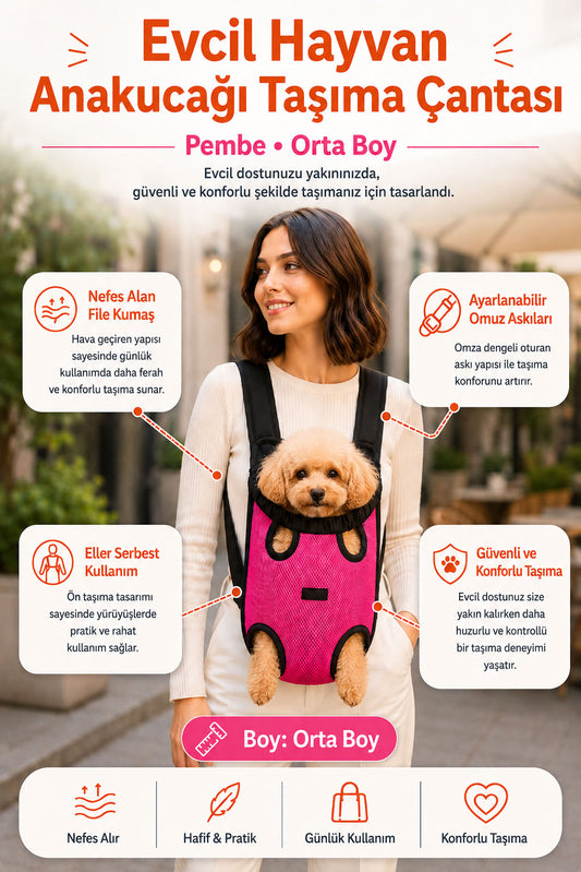 Pembe orta boy evcil hayvan anakucağı taşıma çantası, nefes alan file kumaşlı, ayarlanabilir omuz askılı, kedi ve küçük ırk köpekler için konforlu ön taşıma çantası