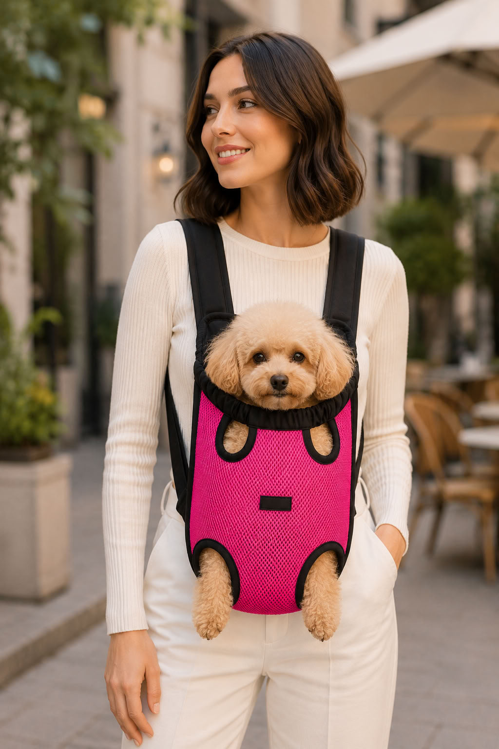 Pembe orta boy evcil hayvan anakucağı taşıma çantası, nefes alan file kumaşlı, ayarlanabilir omuz askılı, kedi ve küçük ırk köpekler için konforlu ön taşıma çantası