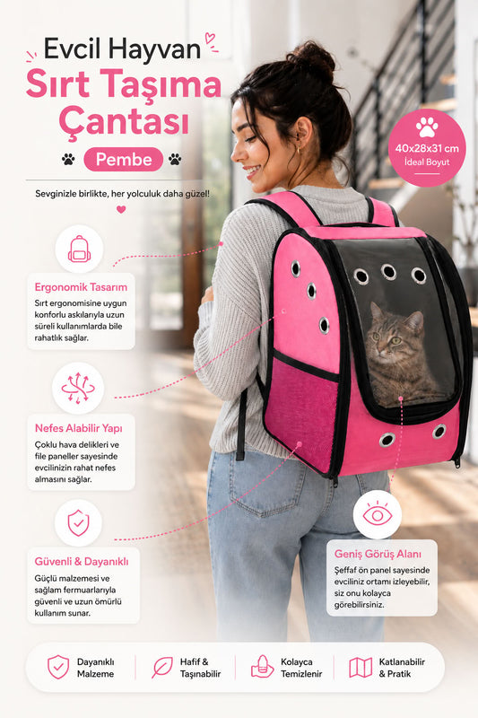 Pembe kedi köpek taşıma sırt çantası, 40x28x31 cm şeffaf panelli evcil hayvan taşıma çantası, nefes alabilir seyahat çantası