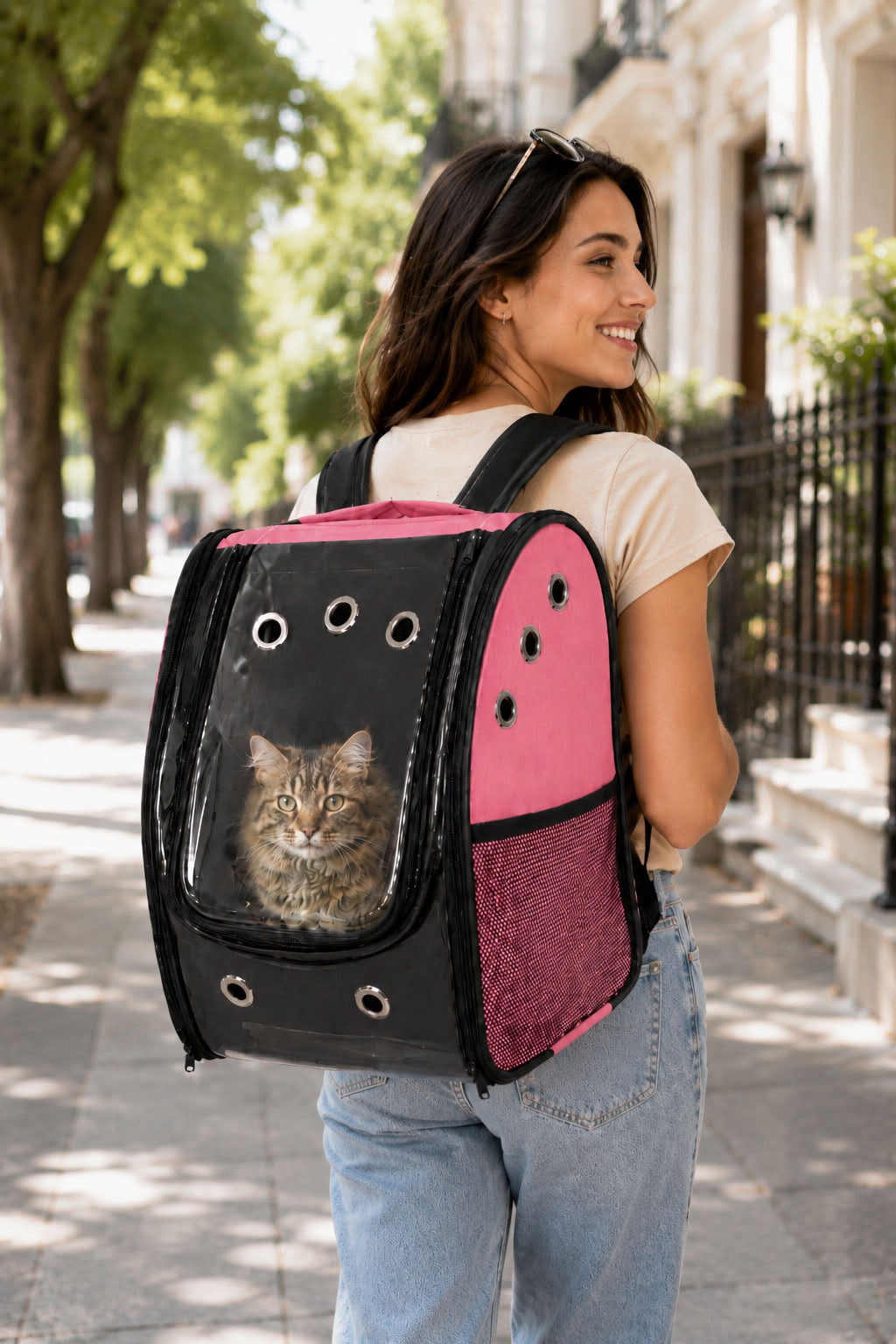 Pembe kedi köpek taşıma sırt çantası, 40x28x31 cm şeffaf panelli evcil hayvan taşıma çantası, nefes alabilir seyahat çantası