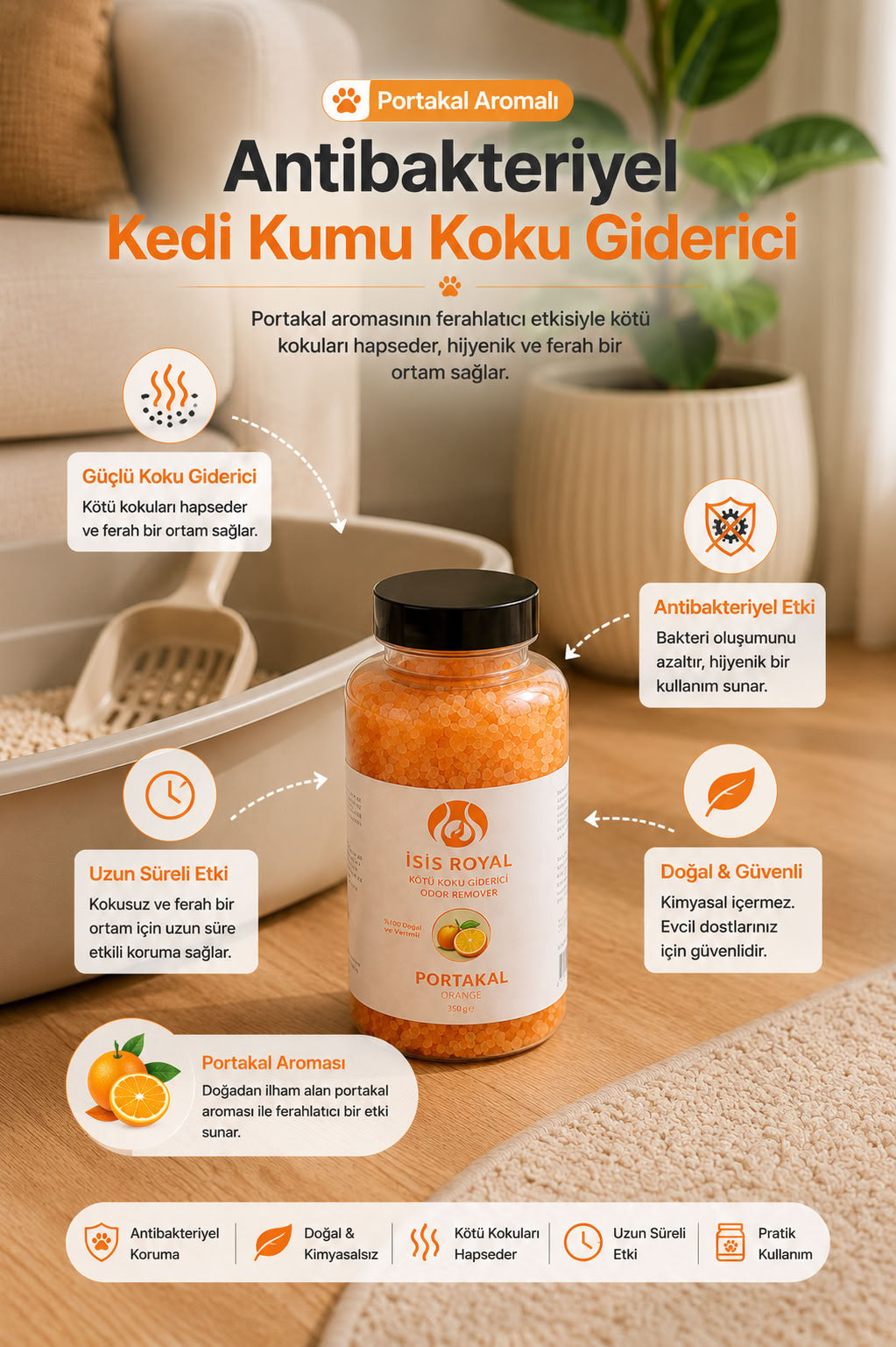 Portakal aromalı antibakteriyel kedi kumu koku giderici 350 g, kedi tuvaleti kokusunu azaltmaya yardımcı ferahlatıcı ürün