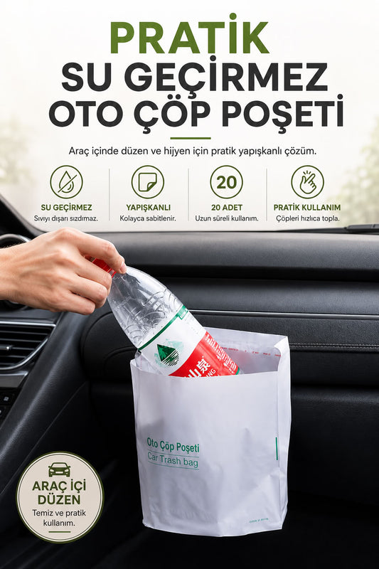 Pratik su geçirmez oto çöp poşeti, 20 adet yapışkanlı araç içi çöp torbası ve düzen sağlayan araç içi temizlik aksesuarı