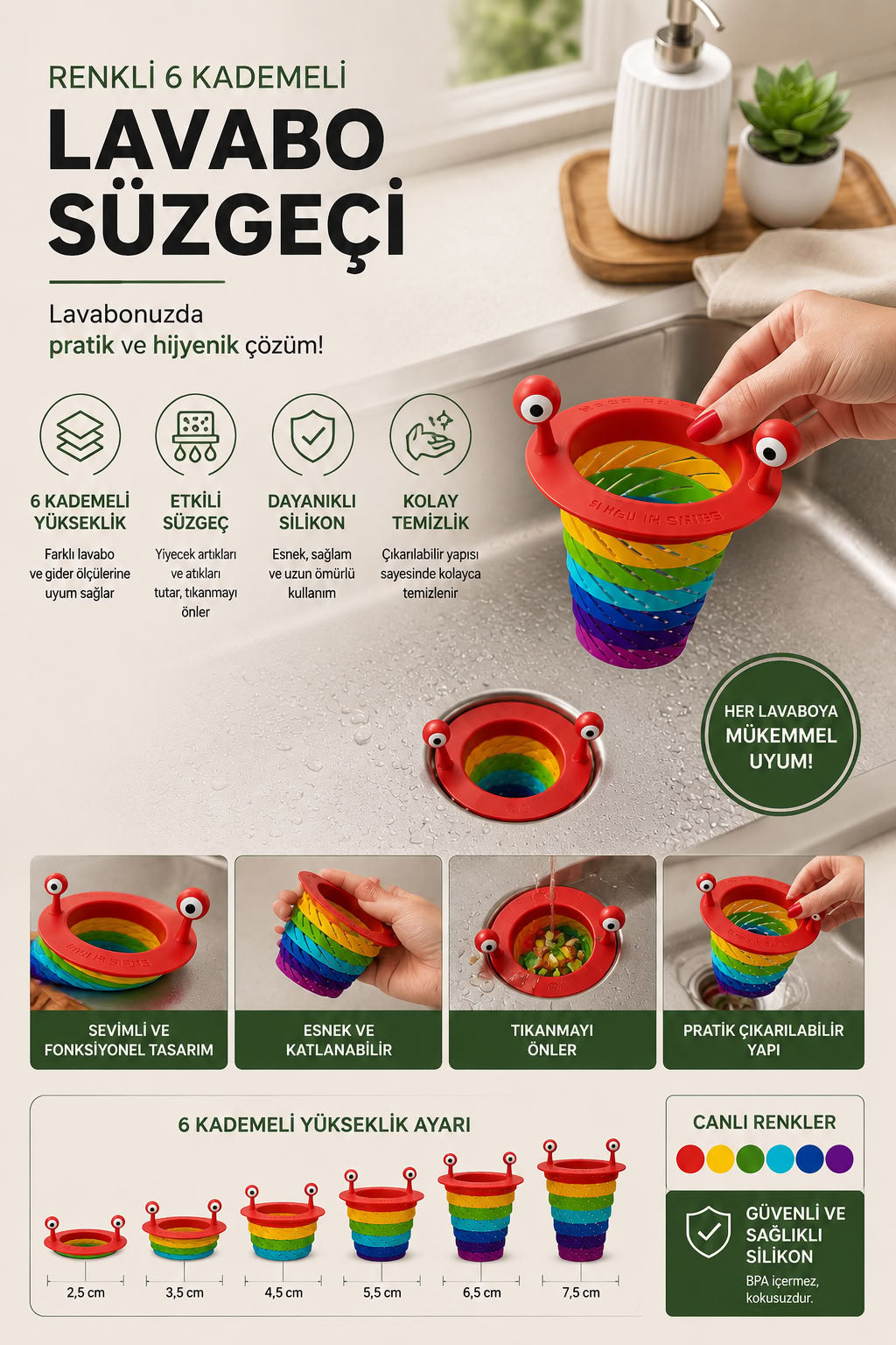 Renkli 6 kademeli silikon lavabo süzgeci, katlanabilir gider koruyucu, mutfak ve banyo lavabosu için tıkanıklık önleyici süzgeç