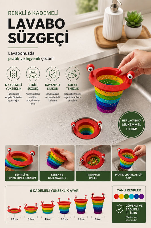 Renkli 6 kademeli silikon lavabo süzgeci, katlanabilir gider koruyucu, mutfak ve banyo lavabosu için tıkanıklık önleyici süzgeç
