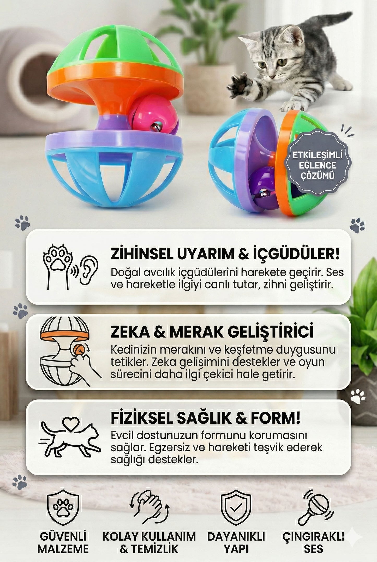 Renkli çıngıraklı kedi topu, 10 cm interaktif kedi oyuncağı, yuvarlanır tasarımlı sesli top oyuncak ve aktif oyun ürünü