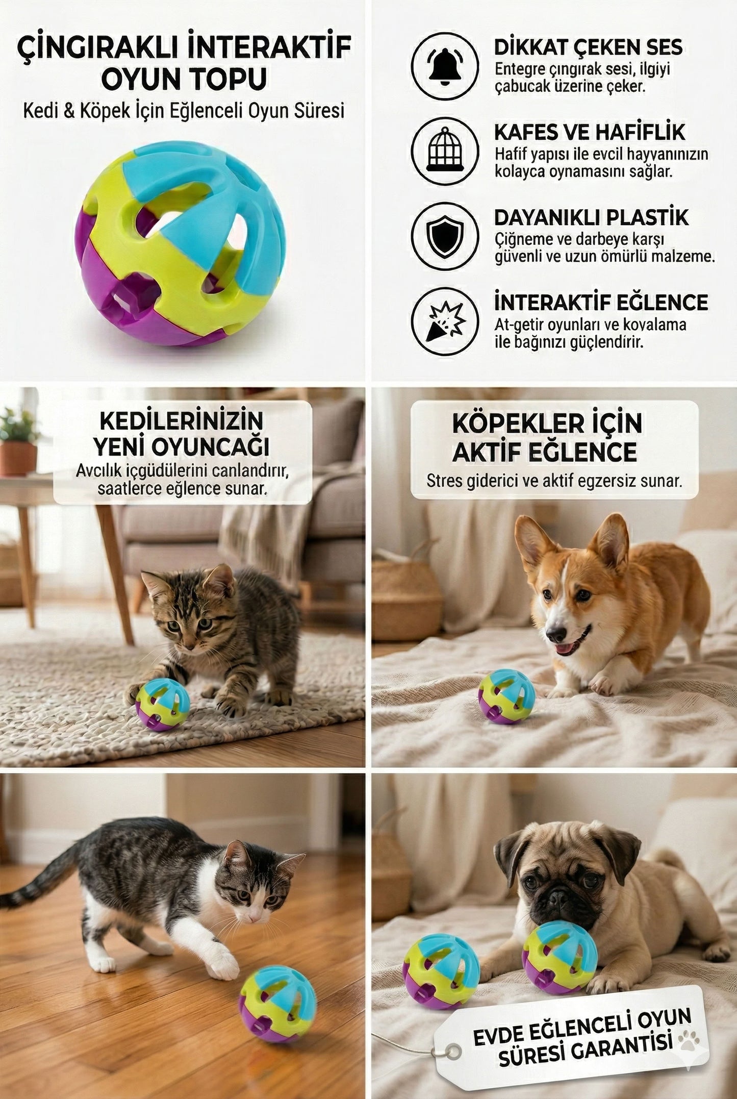 Renkli çıngıraklı kedi topu, patilere uygun açıklıklı yuvarlanan interaktif kedi oyuncağı, sesli iç toplu aktif oyun ürünü