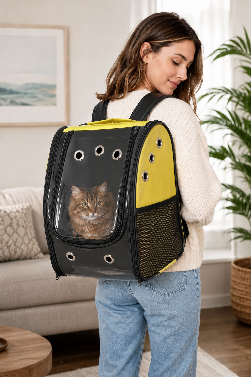 Sarı kedi köpek taşıma sırt çantası, 40x28x31 cm şeffaf panelli evcil hayvan taşıma çantası, nefes alabilir seyahat çantası