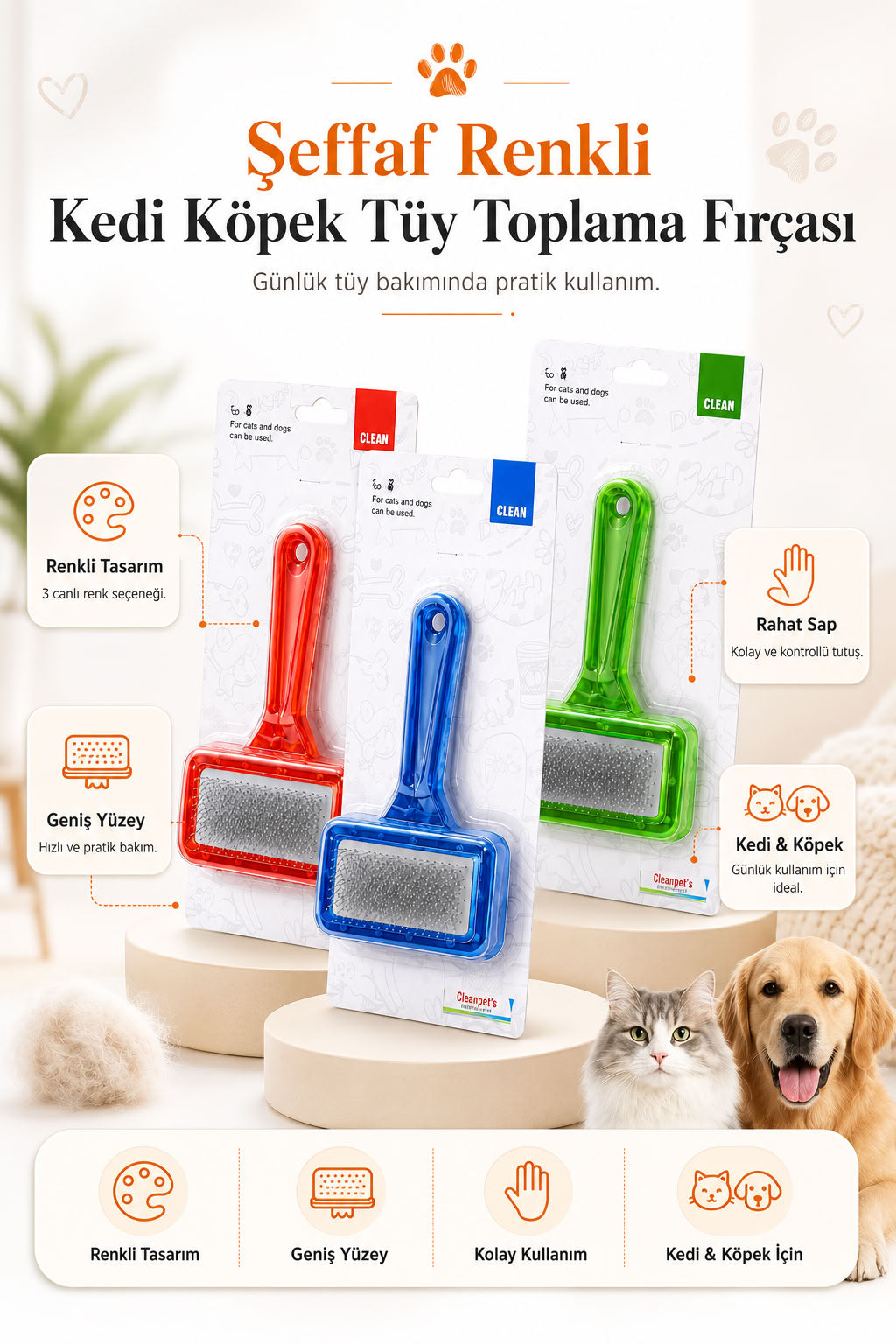 Şeffaf renkli kedi köpek tüy toplama fırçası, geniş yüzeyli evcil hayvan tarağı, günlük kedi tarağı ve köpek tarağı modeli