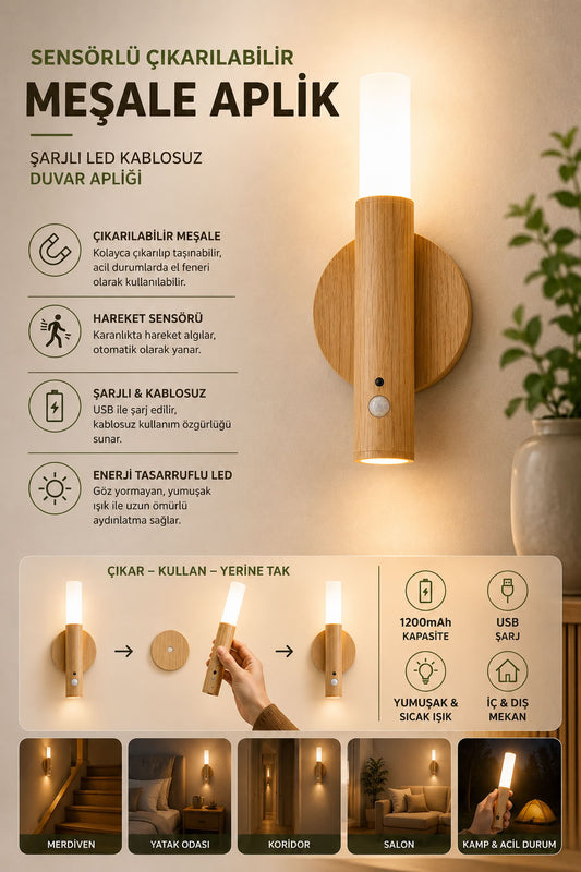 Sensörlü çıkarılabilir meşale aplik, şarjlı LED kablosuz duvar lambası, hareket sensörlü ahşap görünümlü iç dış mekan aydınlatma