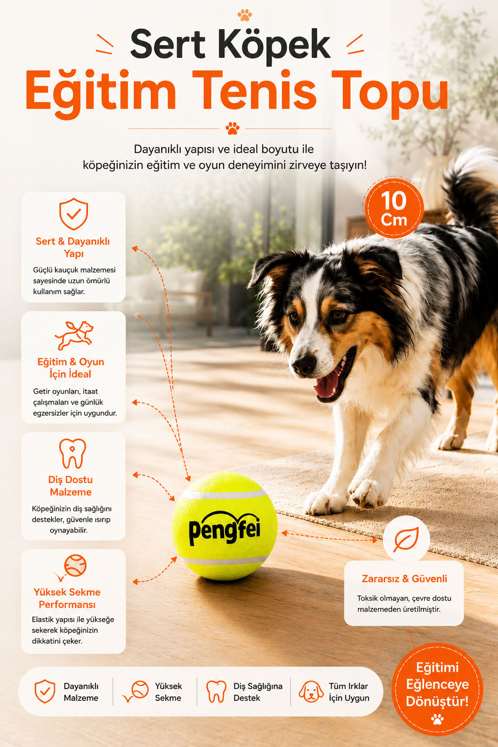 Sert köpek eğitim tenis topu, 10 cm dayanıklı zıplayan köpek topu, eğitim ve getir götür oyunları için oyun topu