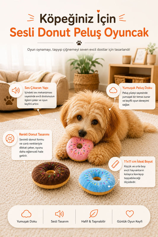 Sesli donut model peluş evcil hayvan oyuncağı, kedi ve köpek için yumuşak ses çıkaran oyuncak, 11x11 cm renkli peluş oyuncak