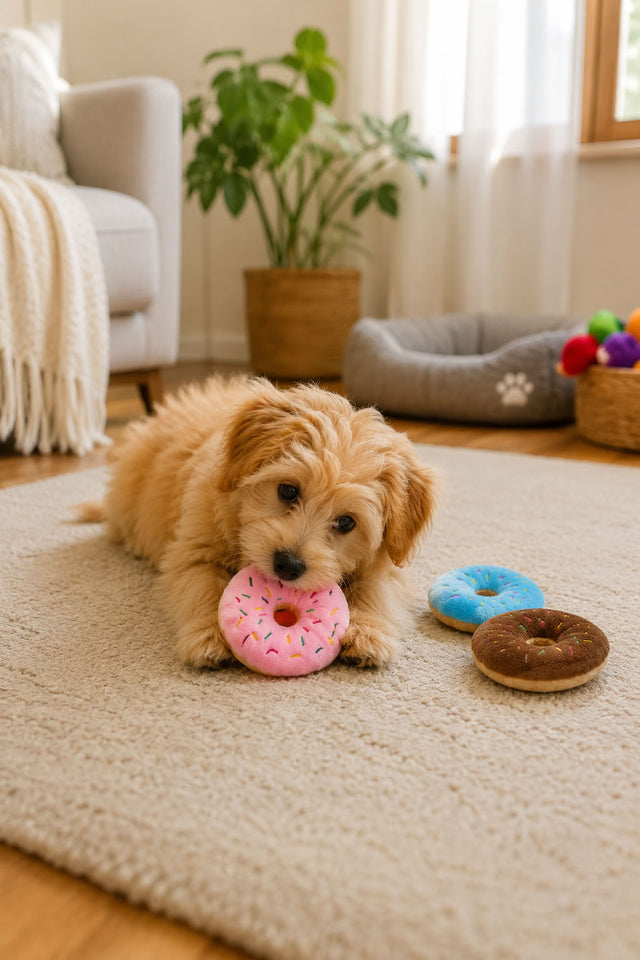 Sesli donut model peluş evcil hayvan oyuncağı, kedi ve köpek için yumuşak ses çıkaran oyuncak, 11x11 cm renkli peluş oyuncak