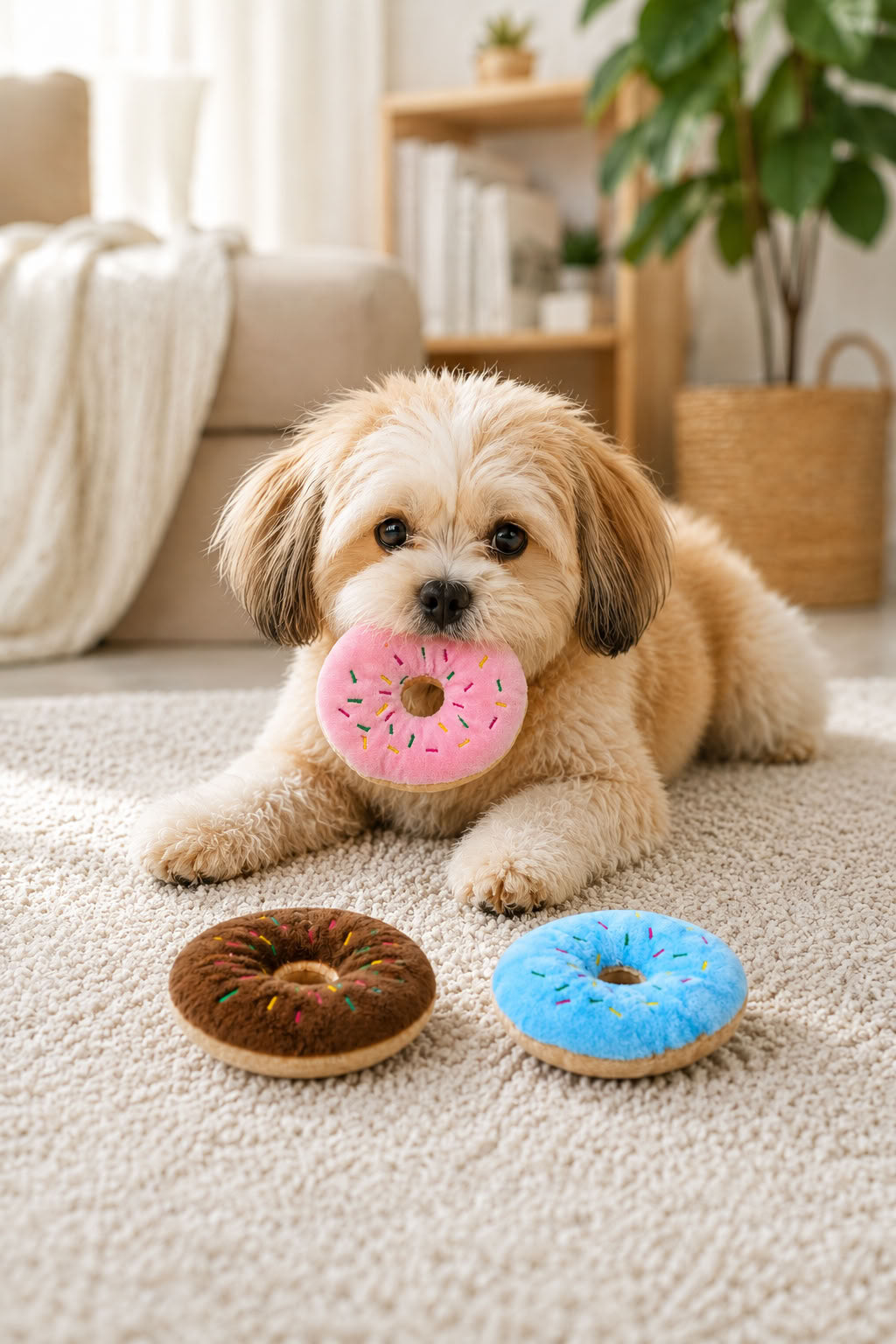 Sesli donut model peluş evcil hayvan oyuncağı, kedi ve köpek için yumuşak ses çıkaran oyuncak, 11x11 cm renkli peluş oyuncak