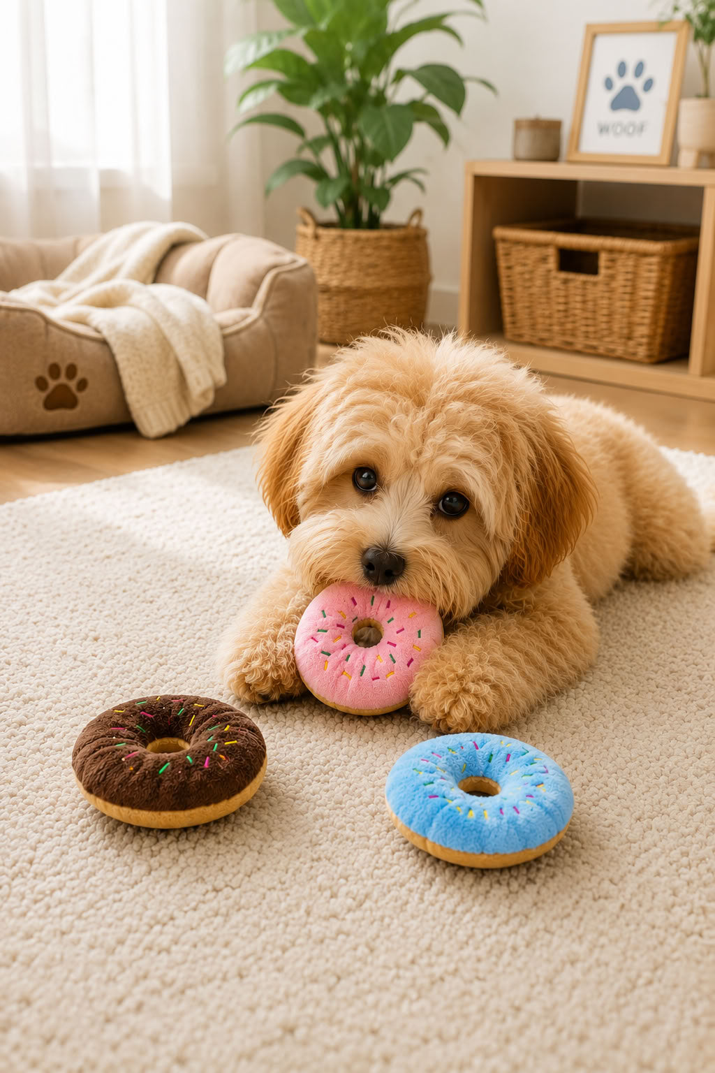 Sesli donut model peluş evcil hayvan oyuncağı, kedi ve köpek için yumuşak ses çıkaran oyuncak, 11x11 cm renkli peluş oyuncak