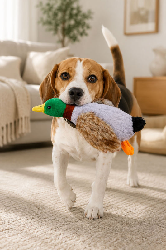 Sesli peluş ördek köpek oyuncağı, 30 cm yumuşak pelüş evcil hayvan oyuncağı, ısırma ve taşıma oyunu için ses çıkaran oyuncak