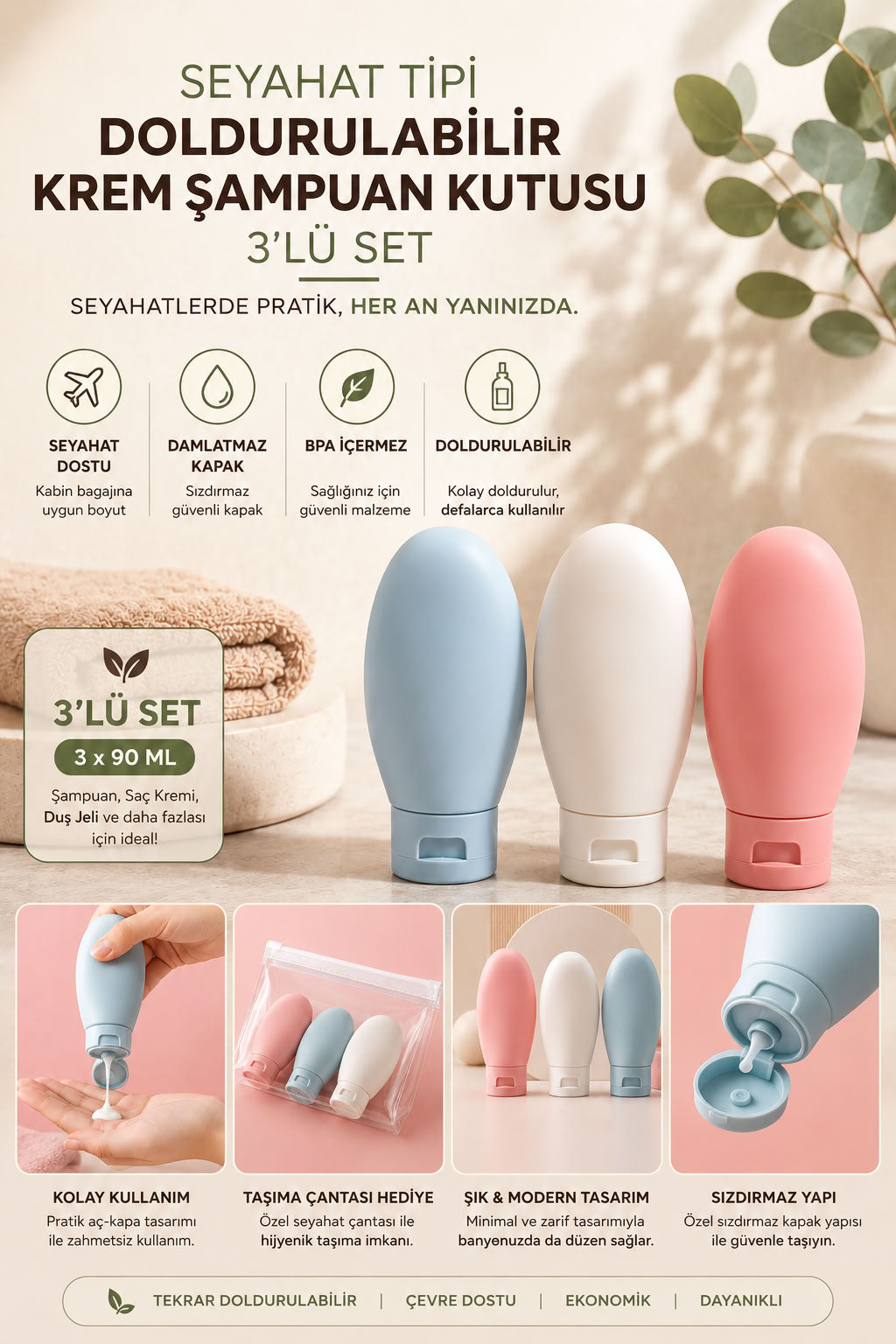 Seyahat tipi doldurulabilir krem şampuan kutusu 3’lü set 90 ml, sızdırmaz kapaklı silikon seyahat şişesi ve boş kozmetik kabı