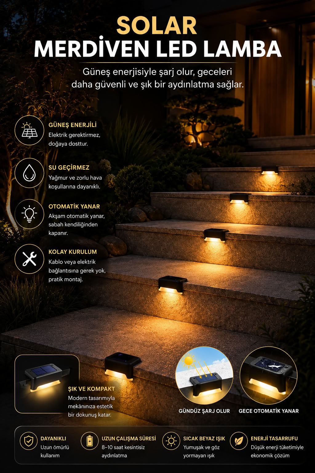 Solar merdiven LED lamba, güneş enerjili, su geçirmez, otomatik yanan dış mekan bahçe balkon basamak aydınlatması