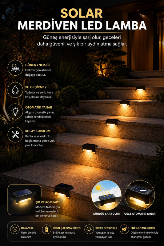 Solar merdiven LED lamba, güneş enerjili, su geçirmez, otomatik yanan dış mekan bahçe balkon basamak aydınlatması