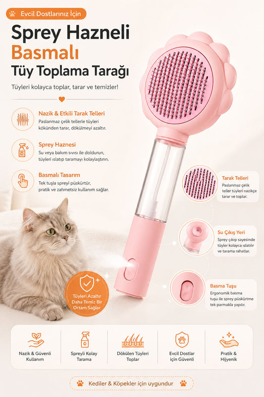 Sprey hazneli basmalı kedi köpek tarağı, su hazneli bakım fırçası, paslanmaz metal tarak telleriyle dökülen tüyleri toplamaya yardımcı pratik tüy toplama tarağı