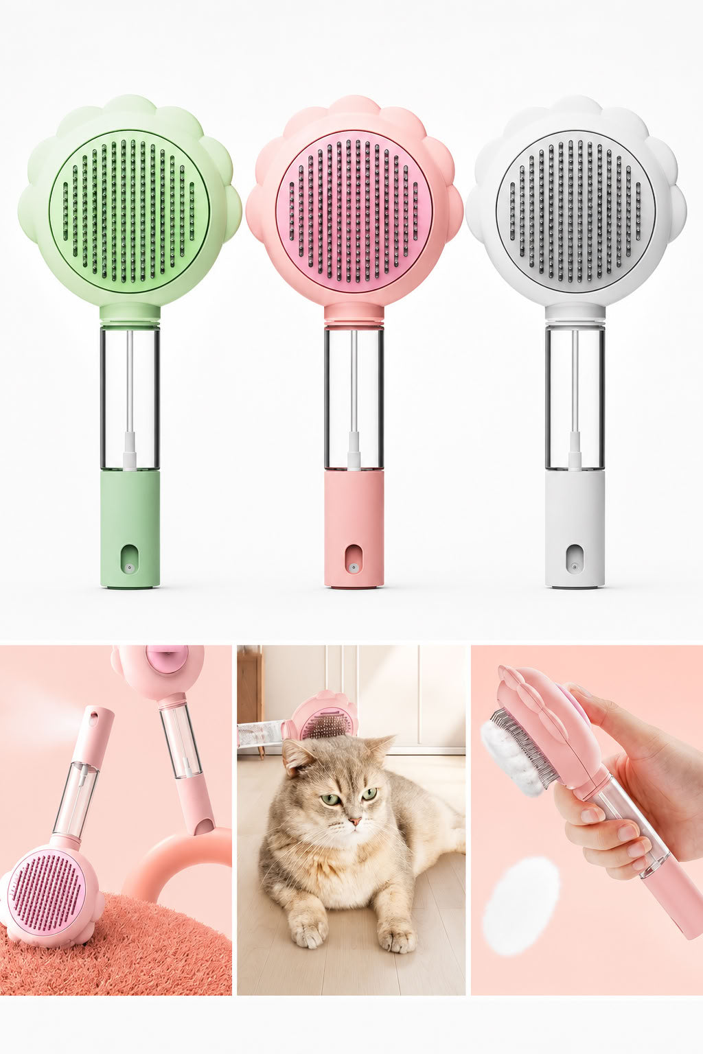 Sprey hazneli basmalı kedi köpek tarağı, su hazneli bakım fırçası, paslanmaz metal tarak telleriyle dökülen tüyleri toplamaya yardımcı pratik tüy toplama tarağı