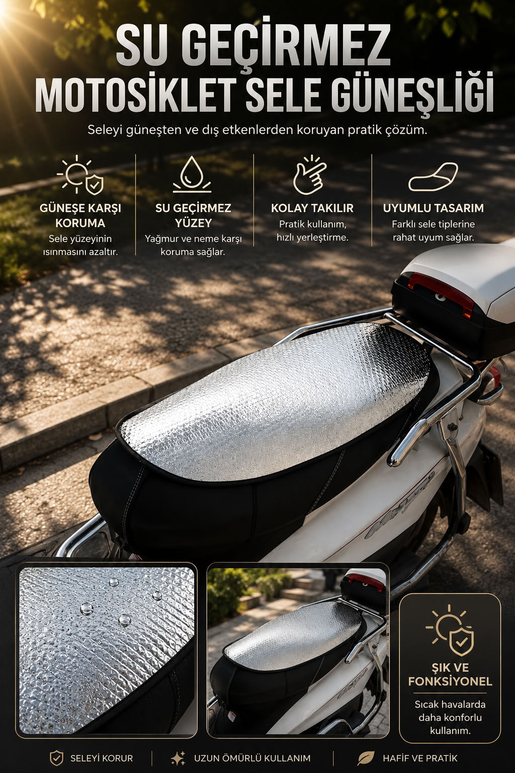 Su geçirmez motosiklet sele güneşliği, seleyi güneşten ve yağmurdan koruyan pratik motosiklet sele koruyucu örtü