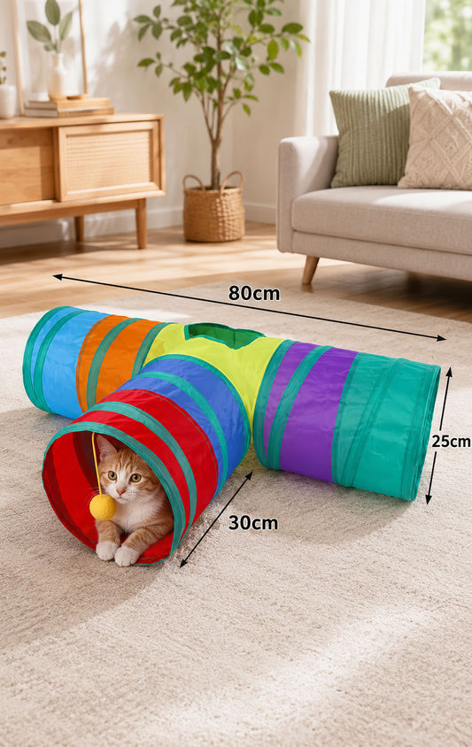 T model renkli kedi oyun tüneli, 80 cm ana tünel, 30 cm yan kollu katlanabilir oyuncak tünel ve evcil hayvan oyun alanı