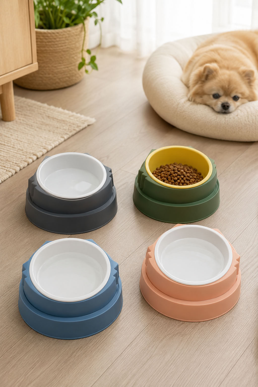 Tekli kedi mama su kabı 17 cm plastik, mama veya su kullanımı için renkli hafif evcil hayvan mama kabı