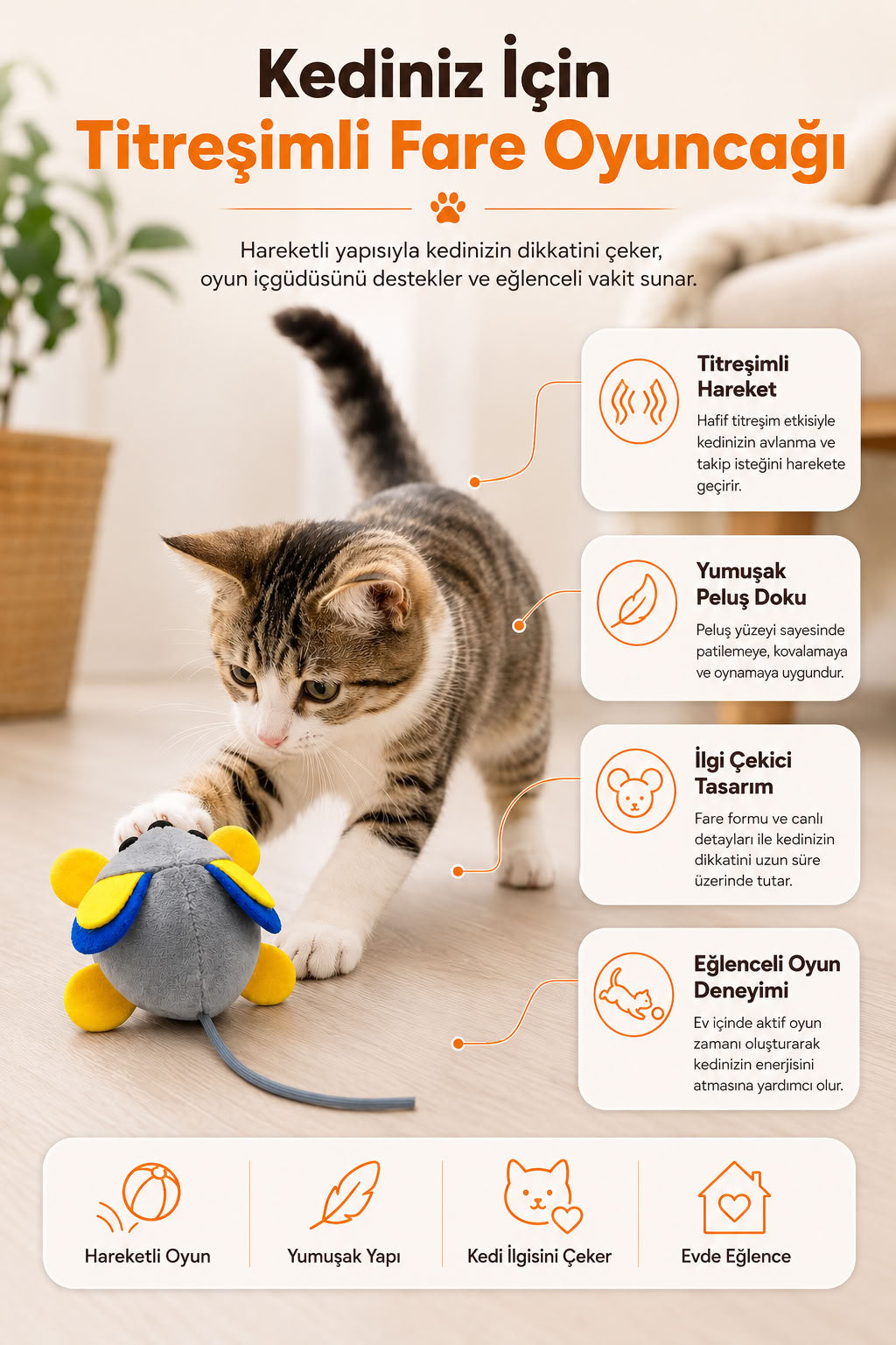 Titreşimli fare oyuncağı, kediler için interaktif hareketli peluş kedi oyuncağı