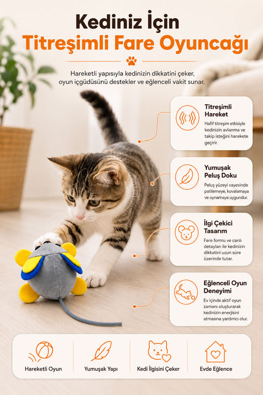 Titreşimli fare oyuncağı, kediler için interaktif hareketli peluş kedi oyuncağı